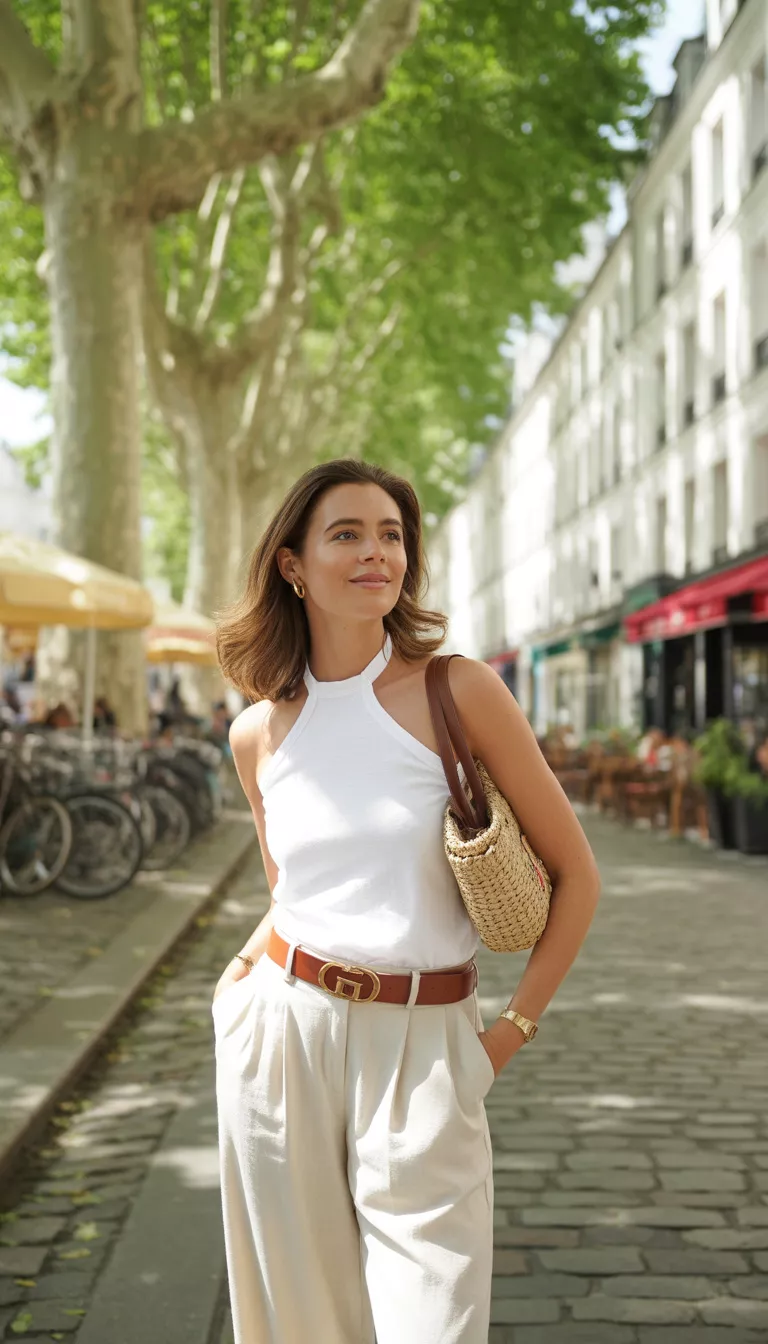 A beautiful woman in a white halter neck top and loose cream trousers, cinched with a brown logo belt, carrying a round straw bag, standing on a shaded street.