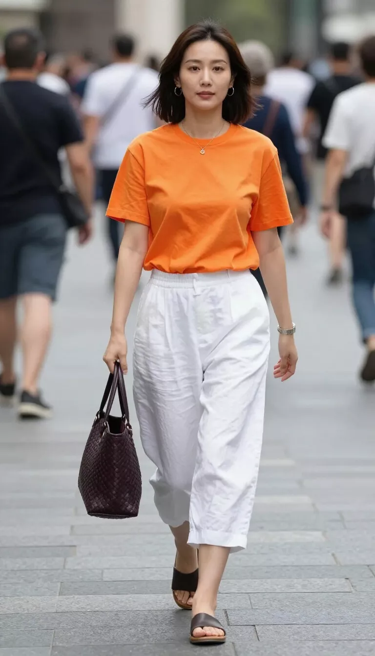 A beautiful woman in a bright orange t-shirt and white linen culottes, she carries a dark woven bag, walking on grey paving stones amidst a crowd.