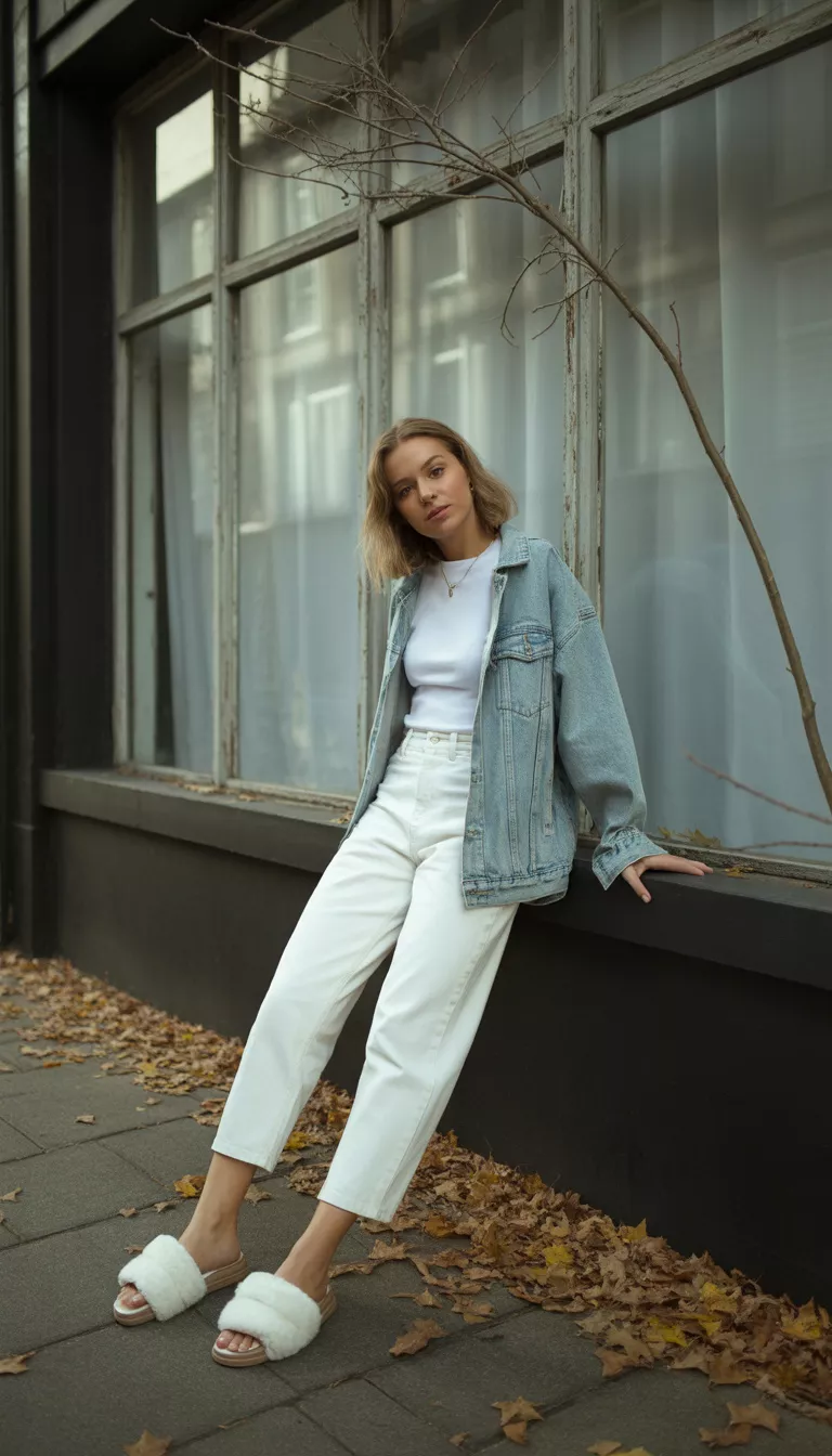 A beautiful woman in a white t-shirt beneath an oversized light wash denim jacket, paired with white cropped jeans and furry slide sandals, standing by a boarded-up window.