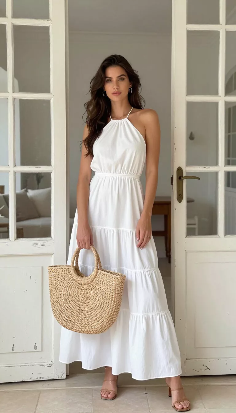 A beautiful woman in a long white tiered halter-neck dress and holding a large round straw bag, posing indoors in a bright room with distressed French doors.