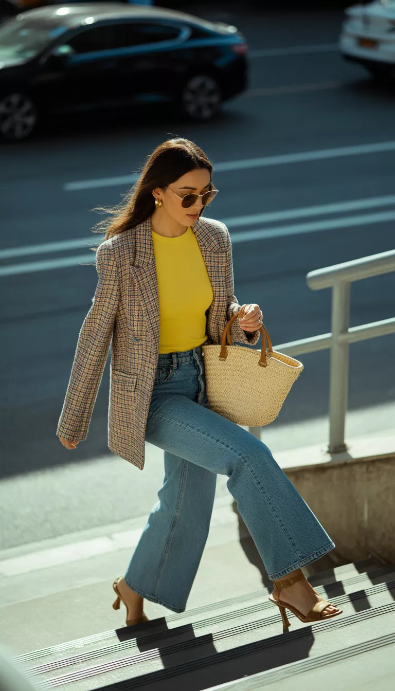 A beautiful woman in a yellow top, plaid blazer, wide-leg jeans, and brown heeled sandals, carrying a straw bag while stepping down concrete stairs in a parking lot area.