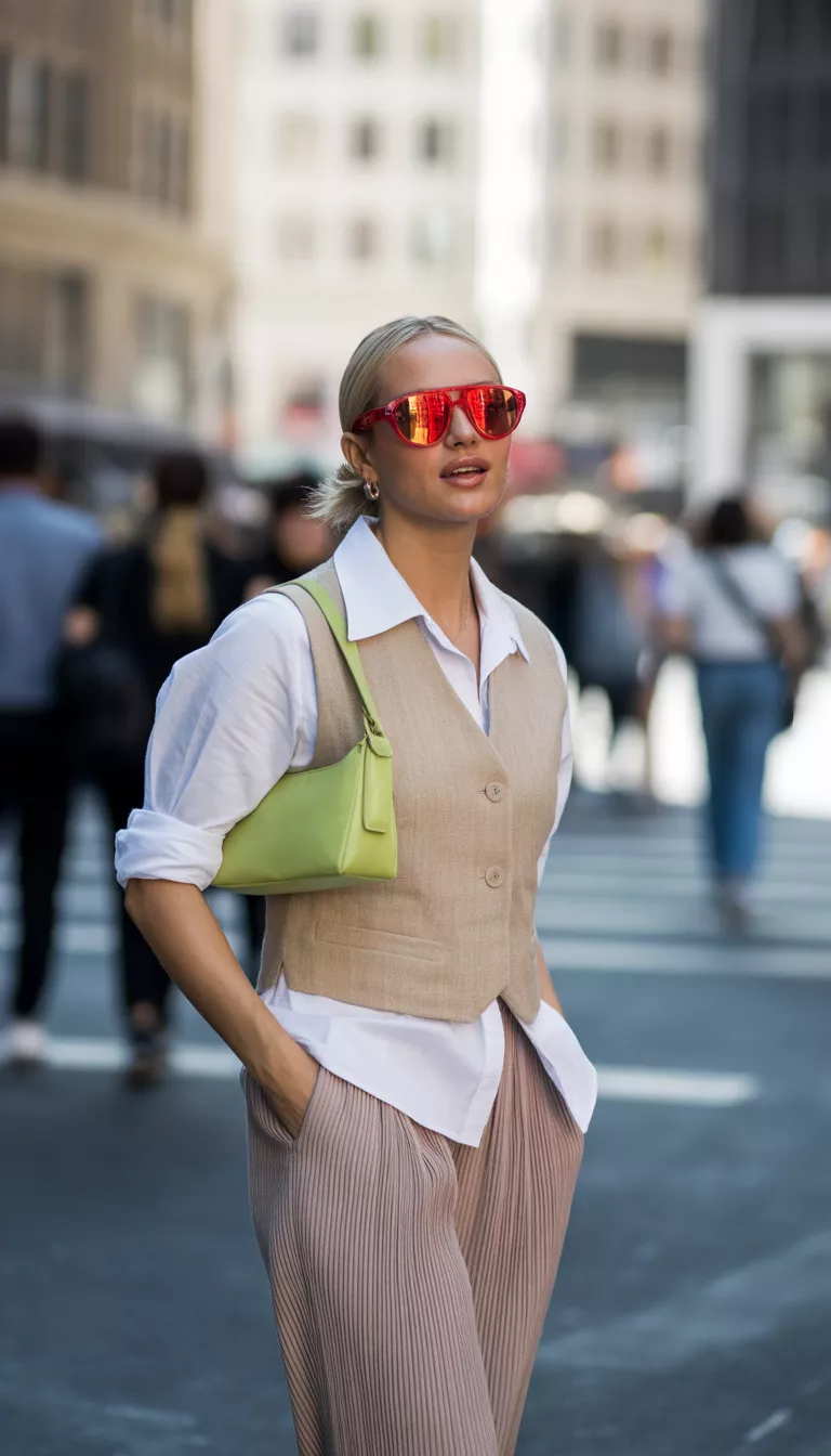 A beautiful woman wears a beige linen vest and matching pleated trousers, accessorized with bright red sunglasses and a small lime green shoulder bag, outdoor city scene.