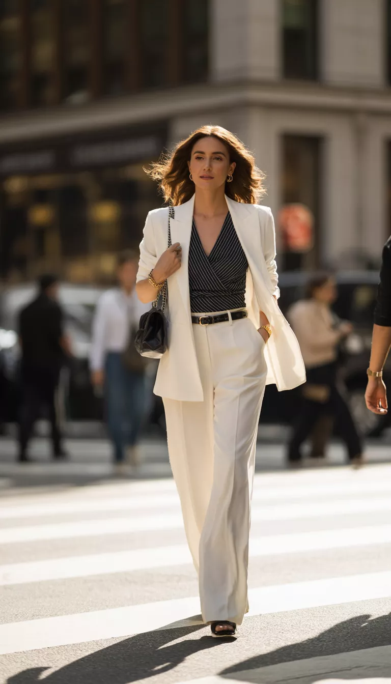 A beautiful woman in an all-white wide-leg pant suit featuring a black-striped halter top, cinched with a belt, carrying a black chain bag on a sunny city street.