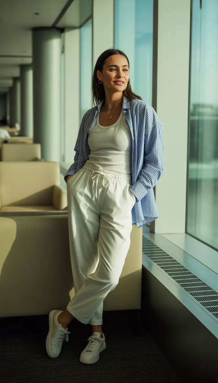 A beautiful woman in a white tank top, a blue and white striped shirt, white drawstring trousers, and white sneakers, airport lounge area.