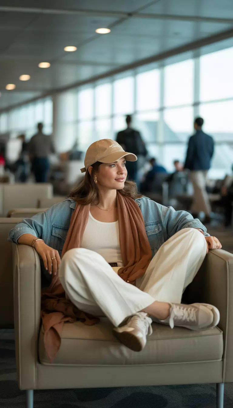 A beautiful woman in a beige baseball cap, a white tank top, a brown scarf, a denim jacket, loose white trousers, and light sneakers, airport lounge area.