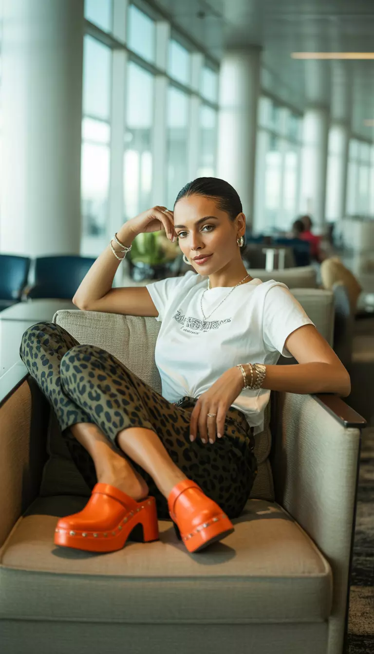 A beautiful woman in a white graphic tee, dark olive leopard print cropped pants, vibrant orange platform clog shoes, and silver jewelry, airport lounge area.