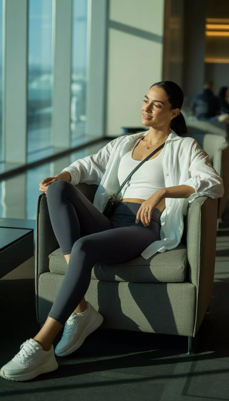 A beautiful woman in a white athletic tank, dark leggings, an oversized white button down shirt, white and grey sneakers, and a small crossbody bag, airport lounge area.
