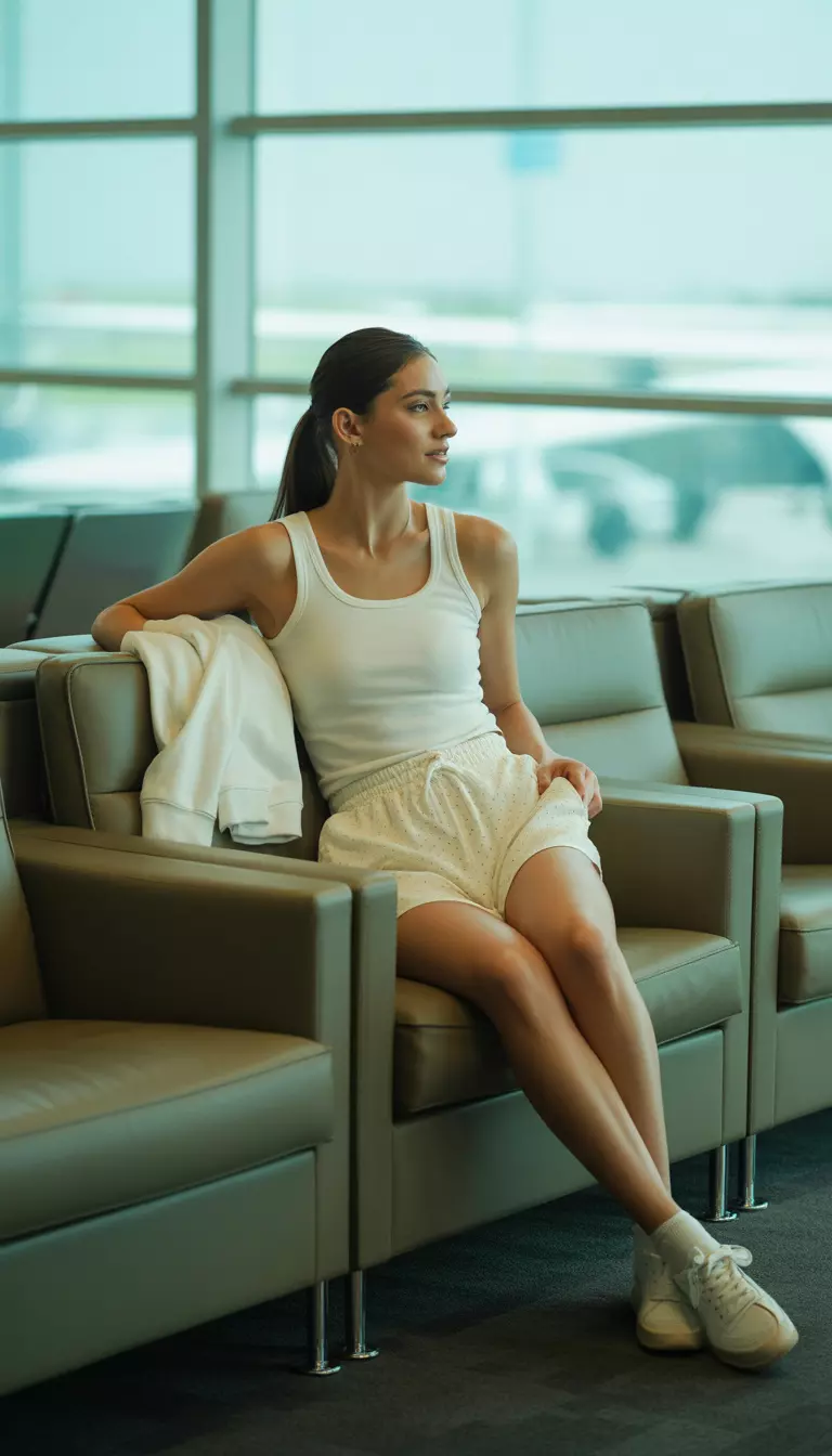 A beautiful woman in a white polka-dot tank and matching shorts set, holding a white sweatshirt, with white sneakers, airport lounge area.