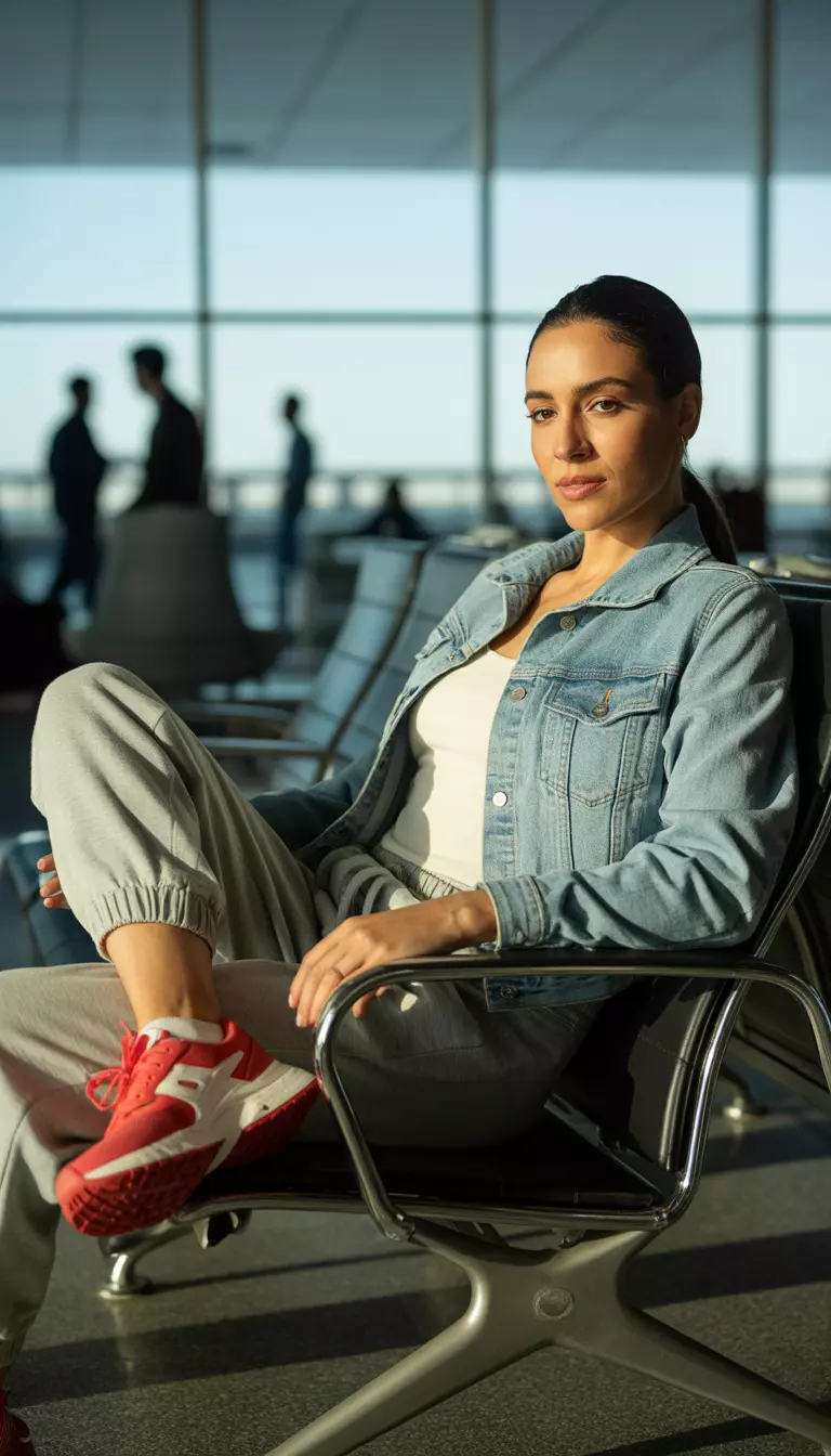 A beautiful woman in a light wash denim jacket, a light top, light grey utility style joggers, and red and white athletic shoes, airport lounge area.