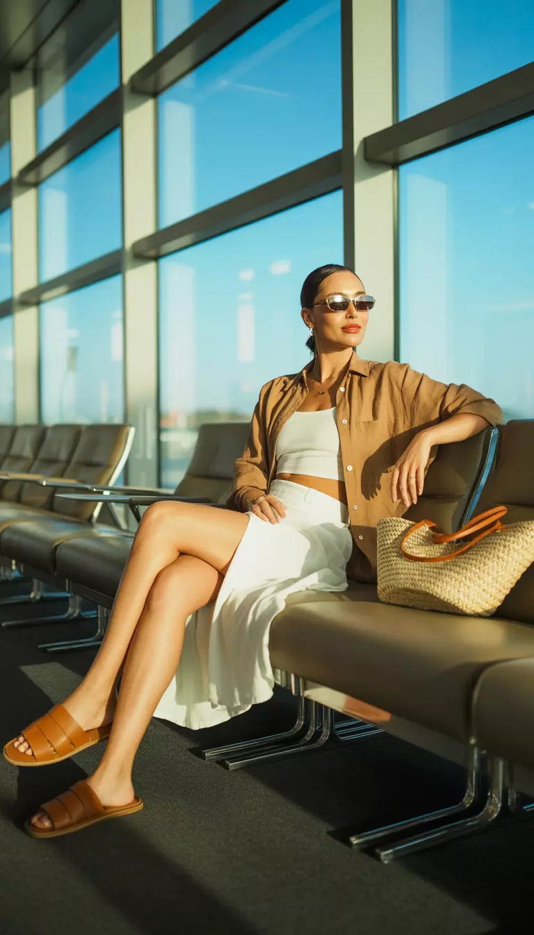 A beautiful woman in a tan button up shirt, a white crop top, a white wrap mini skirt, dark sunglasses, leather slides, and a straw bag, airport lounge area.
