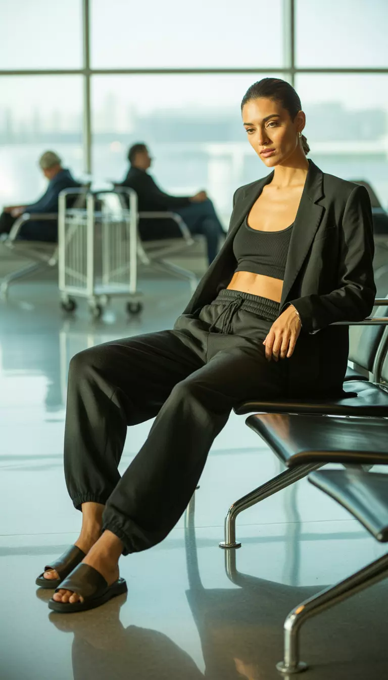 A beautiful woman in a black crop top, oversized black sweatpants, dark slip-on mules, and a black blazer, airport lounge area.