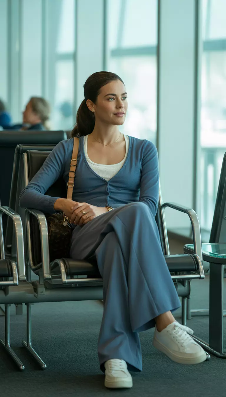 A beautiful woman in a muted blue fitted cardigan, a white tank, muted blue wide leg trousers, a small brown designer bag, and white sneakers, airport lounge area.