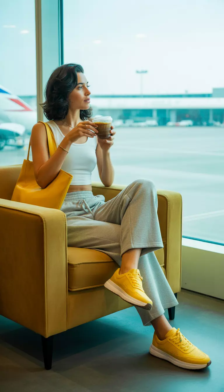 A beautiful woman in a white crop cami, light grey wide leg sweatpants, yellow shoes, and a yellow bag, airport lounge area.