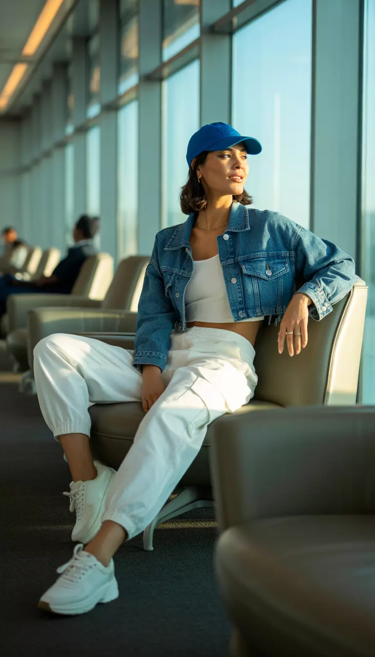 A beautiful woman in a blue baseball cap, a cropped denim jacket, a white tank, white cuffed cargo pants, and white chunky sneakers, airport lounge area.