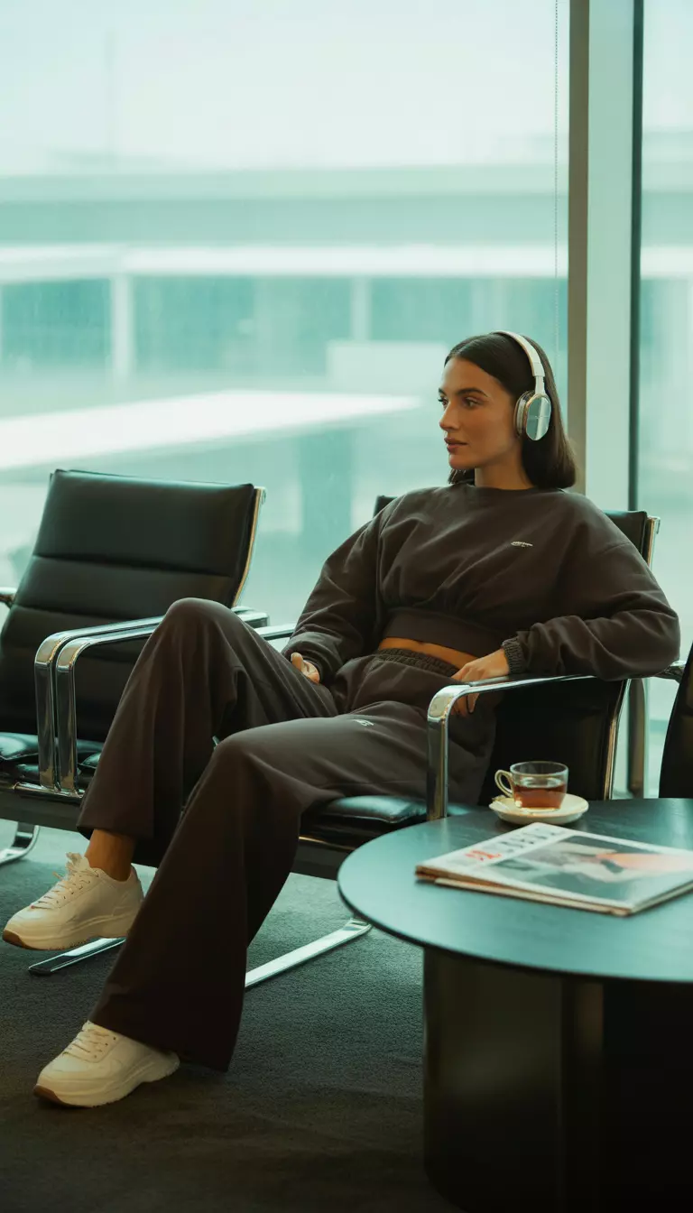 A beautiful woman in a dark brown sweatsuit with wide leg bottoms, a cropped sweatshirt, white sneakers, and headphones, airport lounge area.