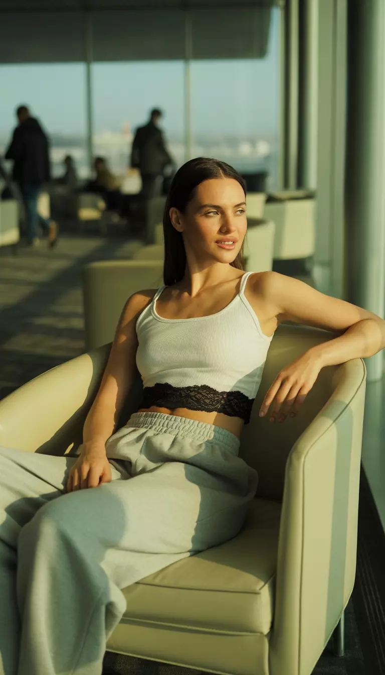 A beautiful woman in a white cropped cami and baggy light grey sweatpants with black lace visible at the waistband, airport lounge area.