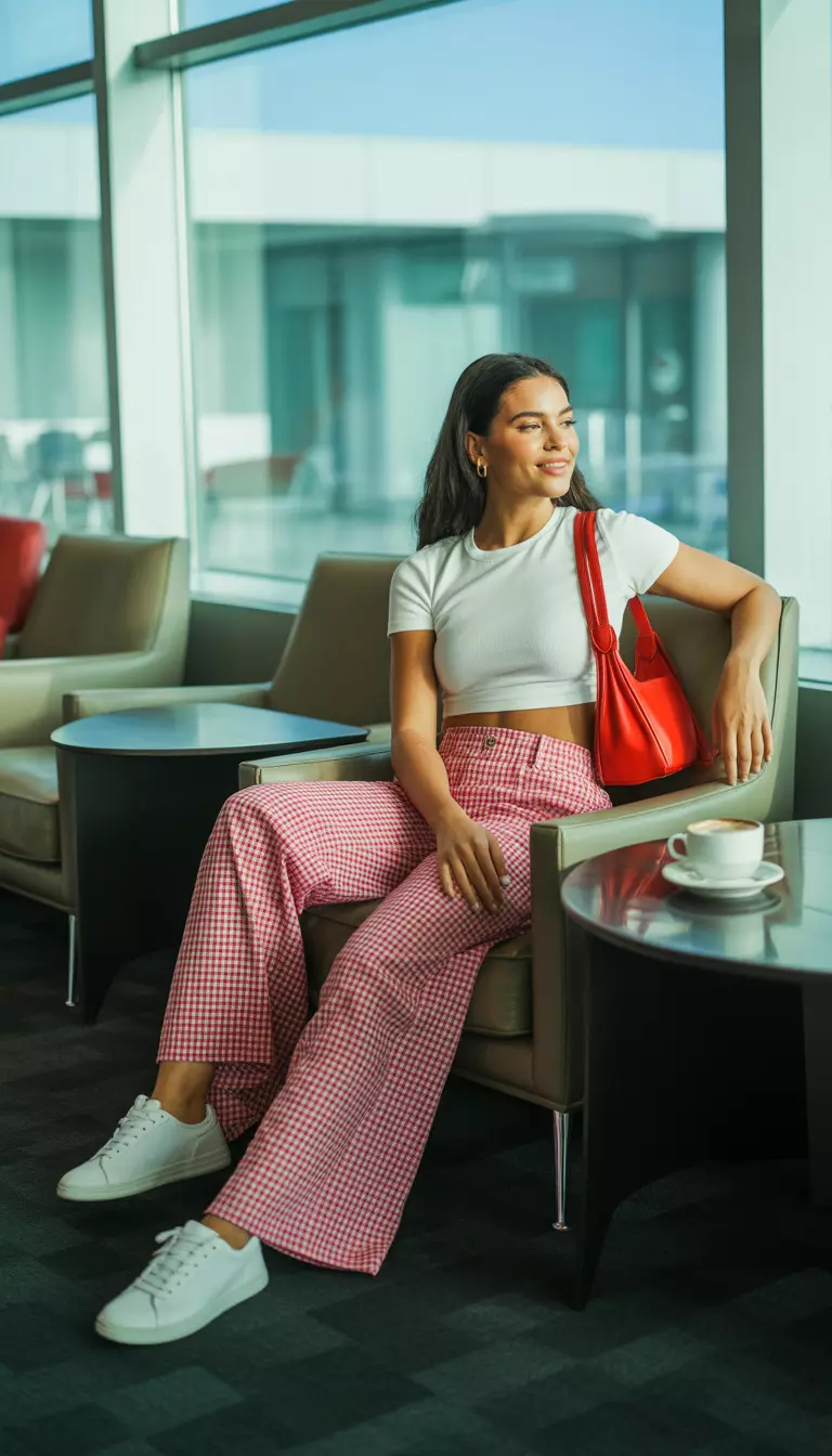 A beautiful woman in a white cropped t-shirt, high waisted wide leg red and white gingham pants, white sneakers, and a red shoulder bag, airport lounge area.