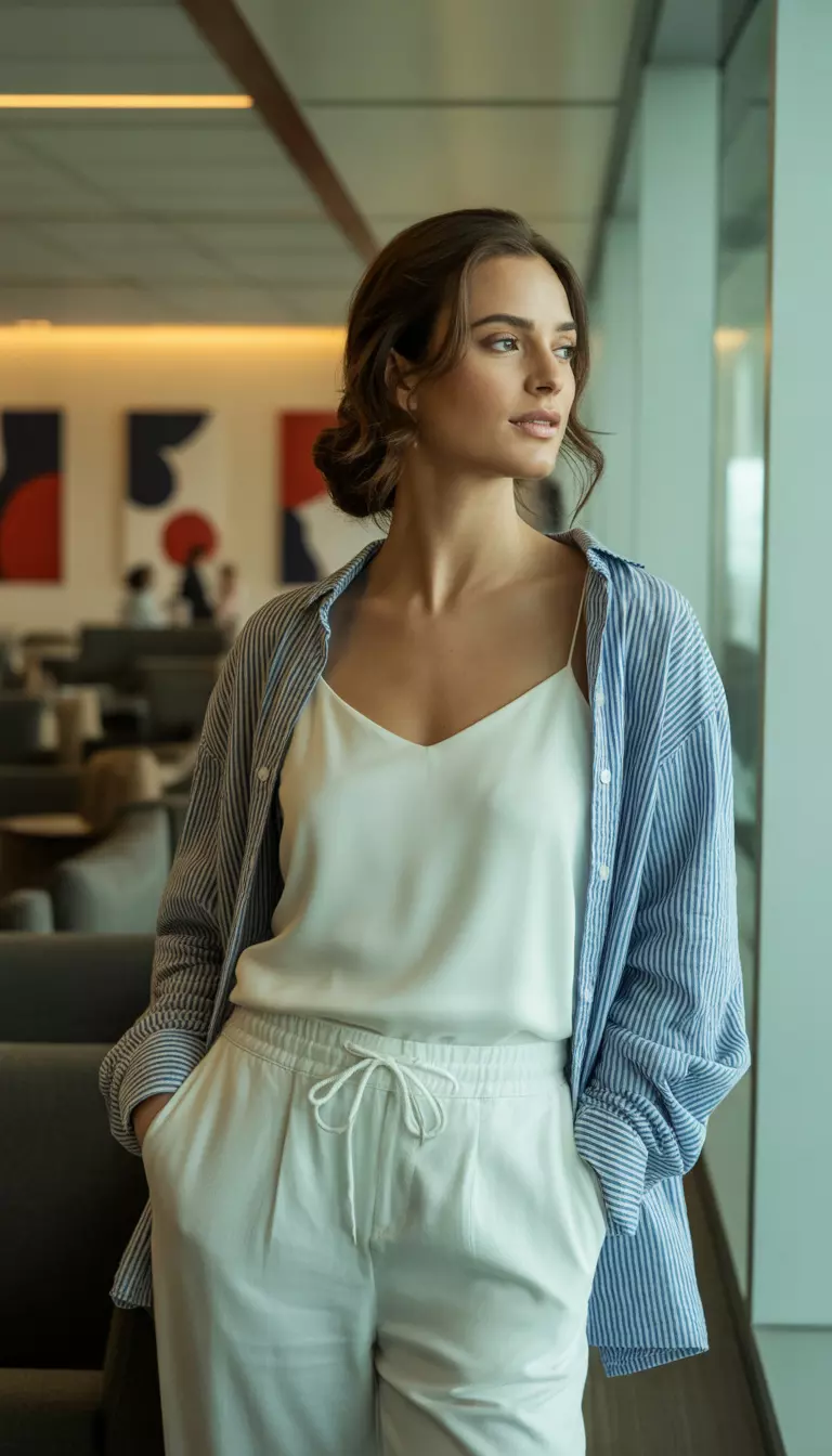 A beautiful woman in a white cami, white drawstring trousers, and a blue and white striped button down shirt, airport lounge area.