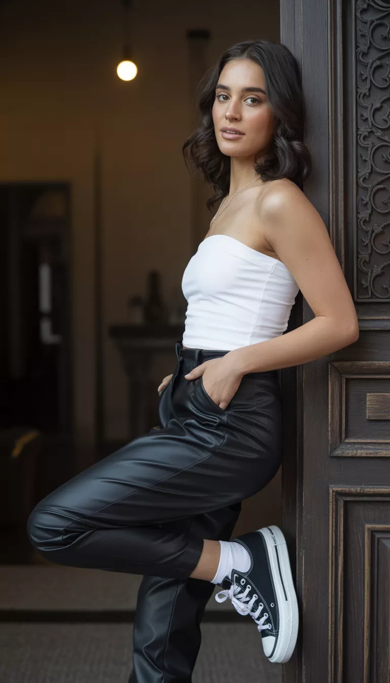 A beautiful young woman in a white strapless tube top, black faux leather pants, and black platform Converse sneakers, she leans against a dark frame indoors.