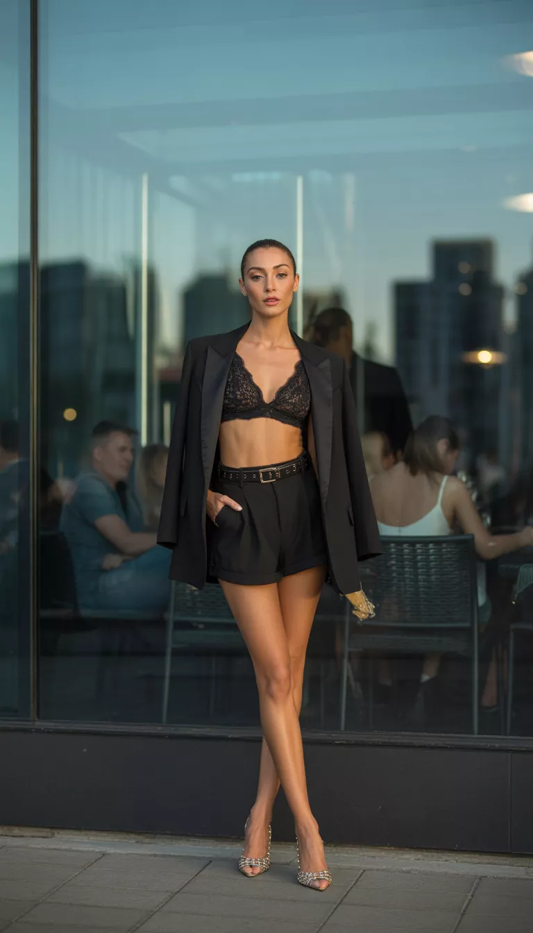 A beautiful woman in a black lace bralette, matching belted black shorts, an open black blazer, and studded heels, she poses at an outdoor-indoor venue.