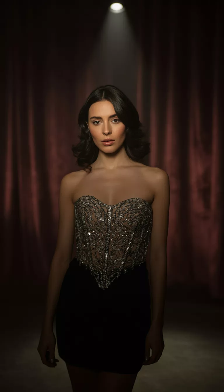 A beautiful woman in a strapless black mini-dress with an elaborate silver sequined bodice, she poses indoors with moody lighting in the background.