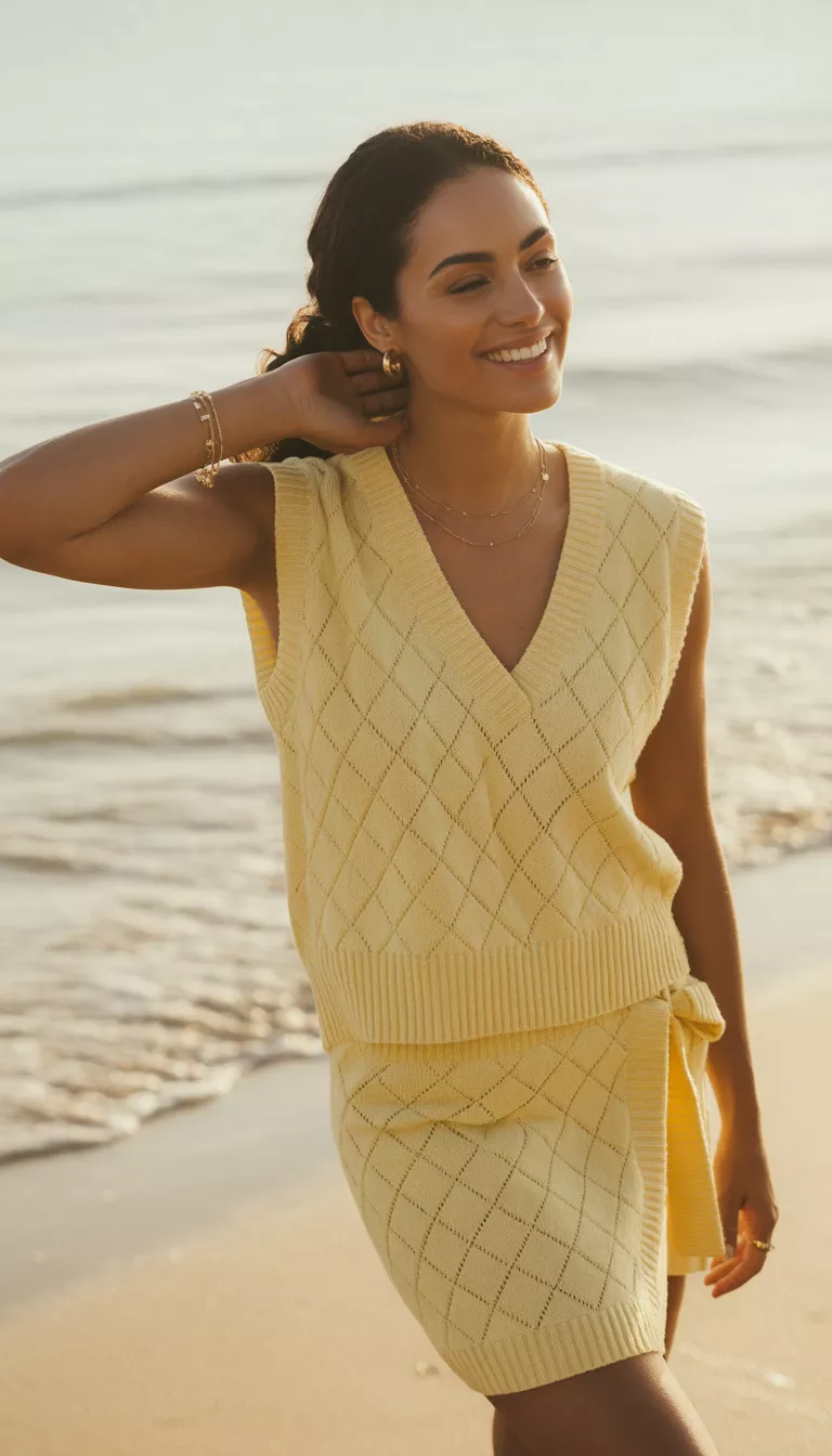A realistic photo of a smiling woman at the beach wearing a matching light yellow diamond-patterned knit set featuring a V-neck vest and a wrap mini skirt, accessorized with simple gold jewelry near the shoreline.