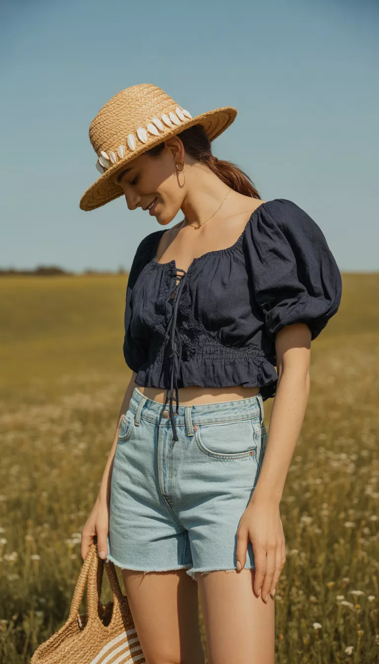 A realistic photo of a woman standing outdoors wearing light wash denim cutoff shorts, a dark navy peasant-style crop top with ruffles, a shell-detailed straw hat, and carrying a striped straw tote bag.