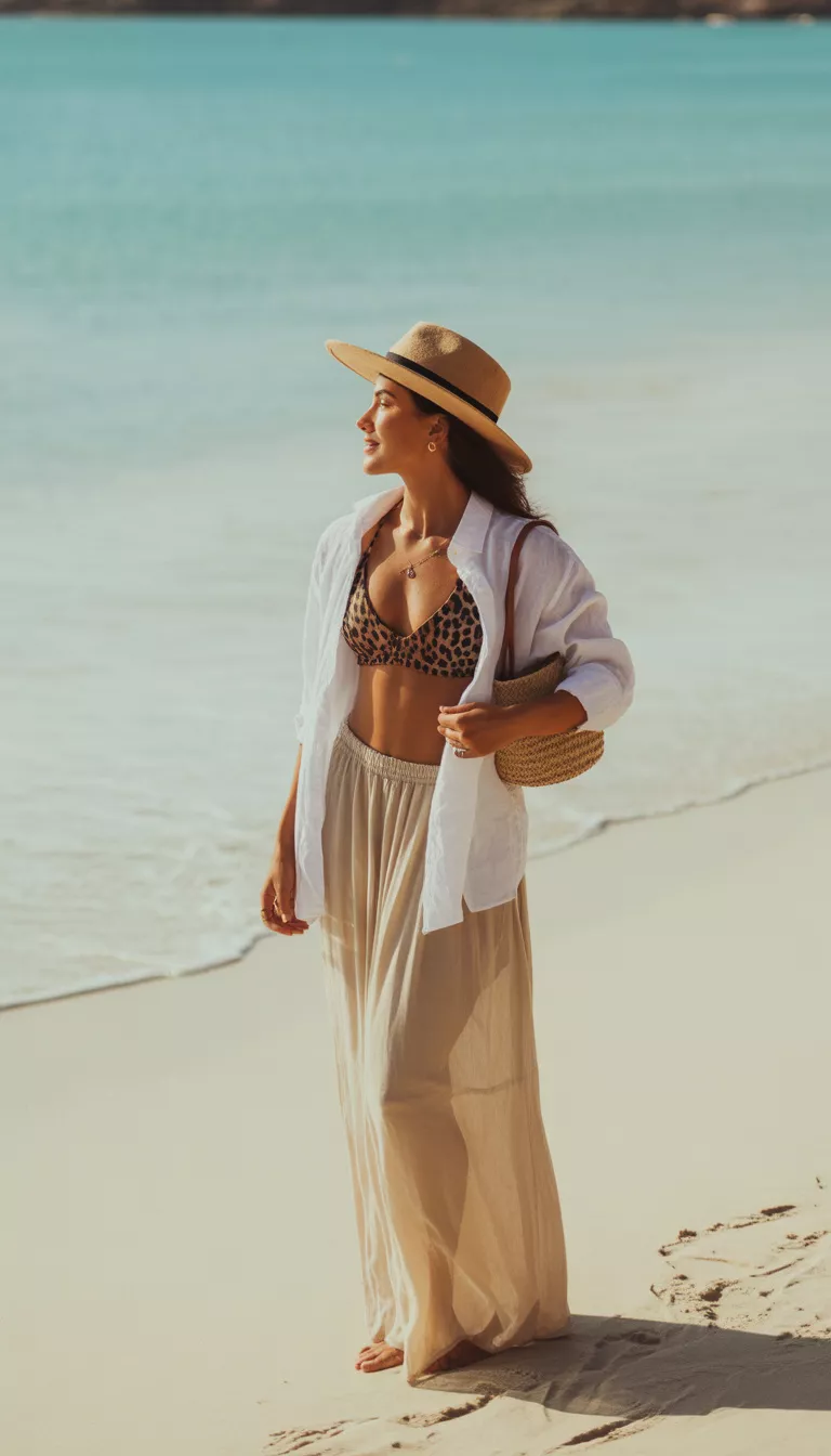 A realistic photo of a woman wearing a leopard print bikini top, a matching sheer low-slung maxi skirt, an open white shirt, and a straw hat, accessorized with a small brown bag.