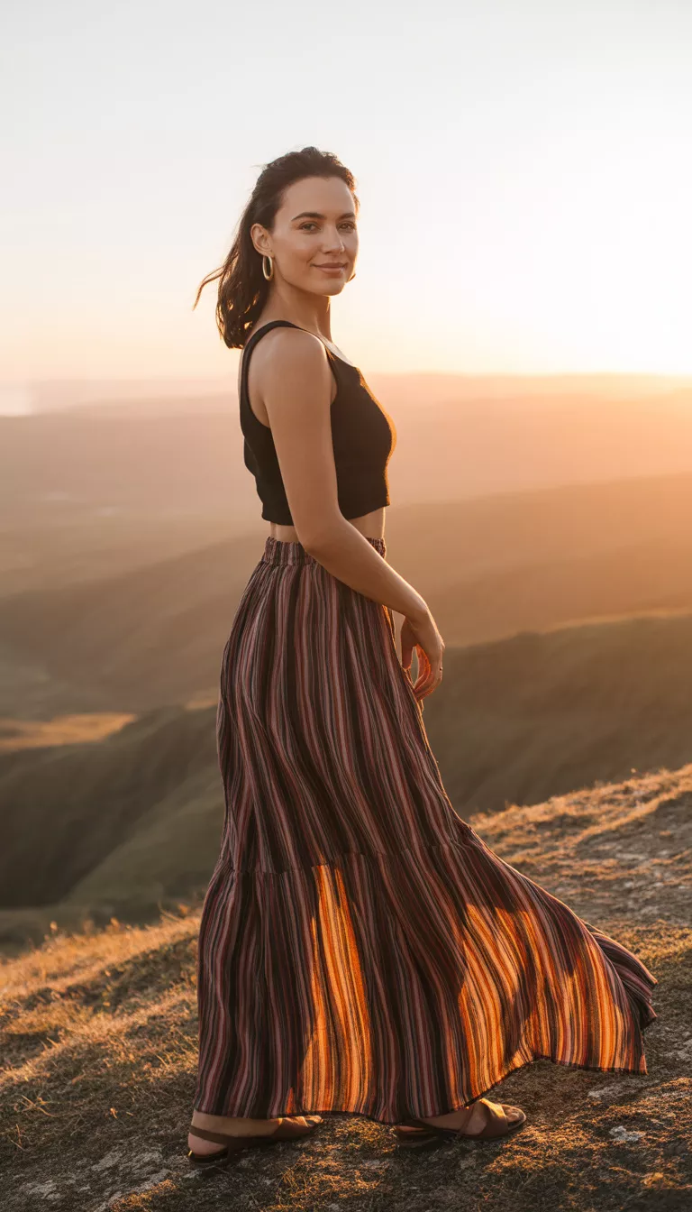 A realistic photo of a woman standing on rocky terrain wearing a black sleeveless crop top and a colorful vertically striped maxi skirt, accessorized with small gold hoop earrings at sunset.
