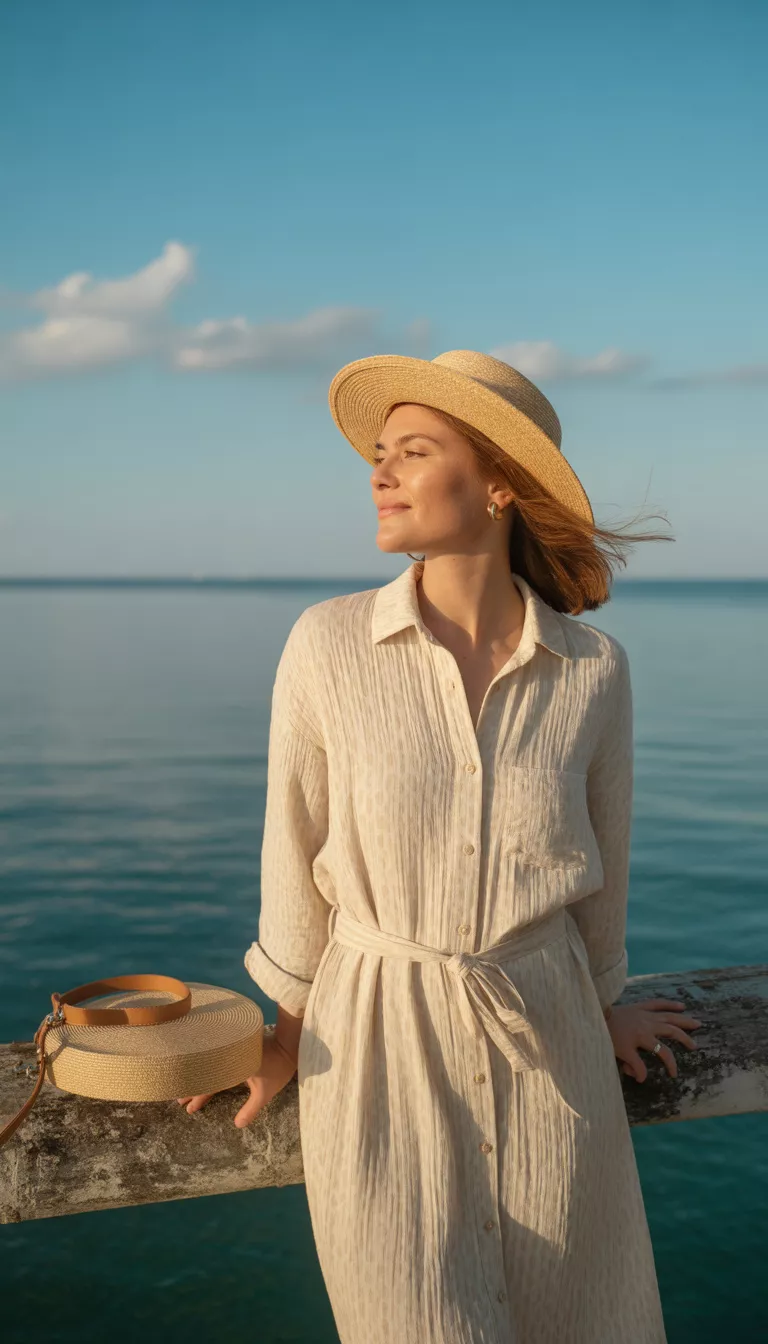A realistic photo of a woman modeling a light beige textured button-down shirtdress cinched at the waist with a self-tie belt, accessorized with a wide-brim straw hat and a circular handle bag in a coastal setting.