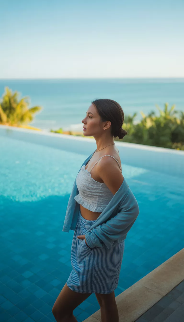A realistic photo of a woman by an infinity pool wearing blue and white striped shorts, a white ruffled crop top, and a light blue sweater draped over her shoulders overlooking the ocean.