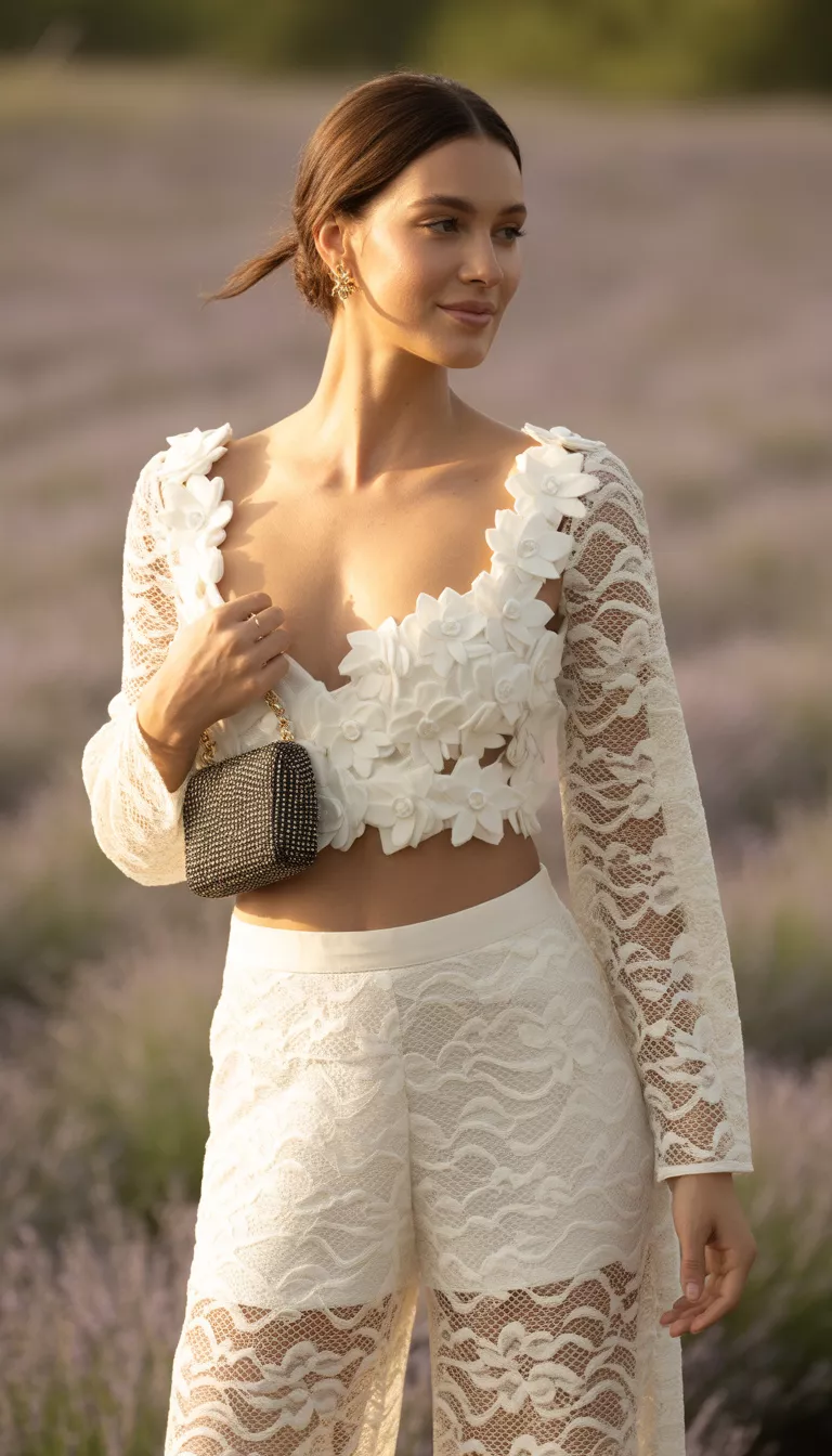 A beautiful woman wearing a white floral lace two-piece set: a crop top with 3D flowers and wide-leg lace pants, holding a jeweled black mini bag.