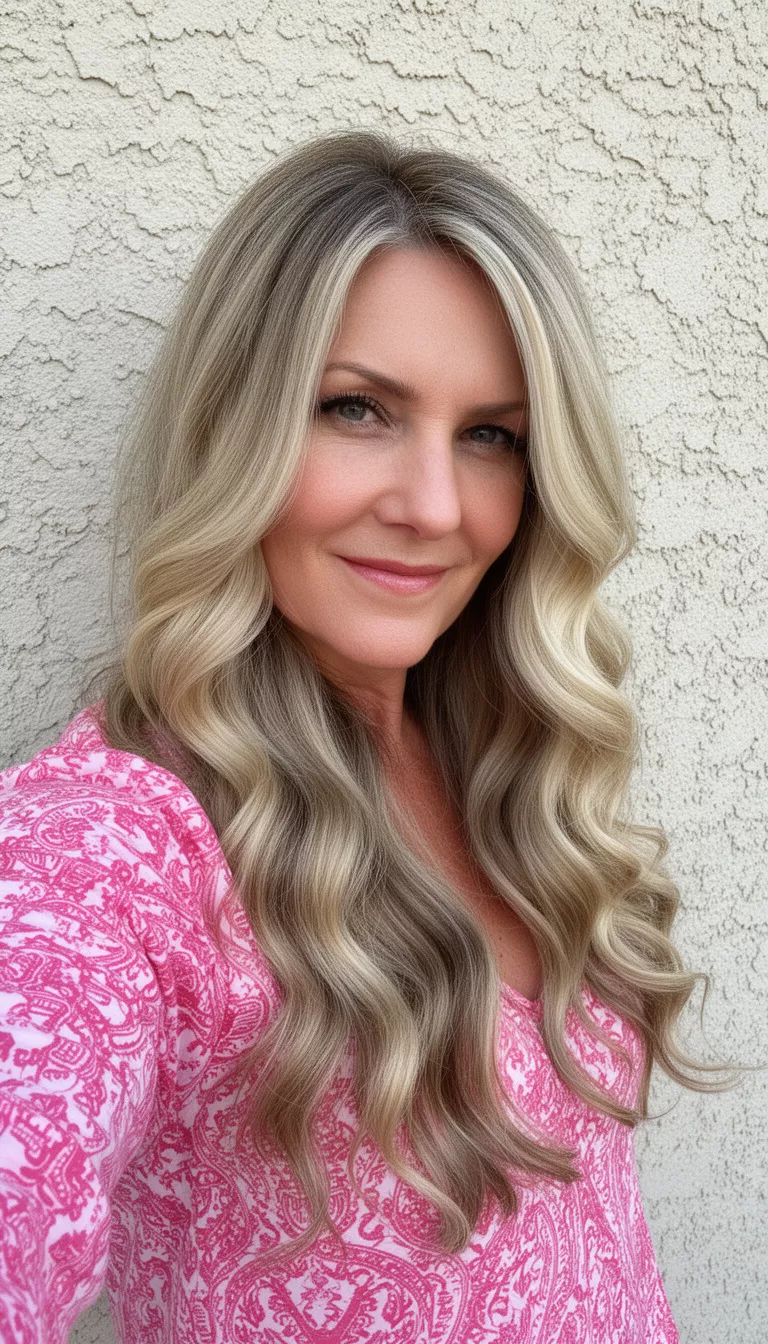 selfie of a 45-year-old woman wearing a patterned pink/white top with a long wavy blonde with highlights colored long hairstyle, side view, light stucco wall outdoors.