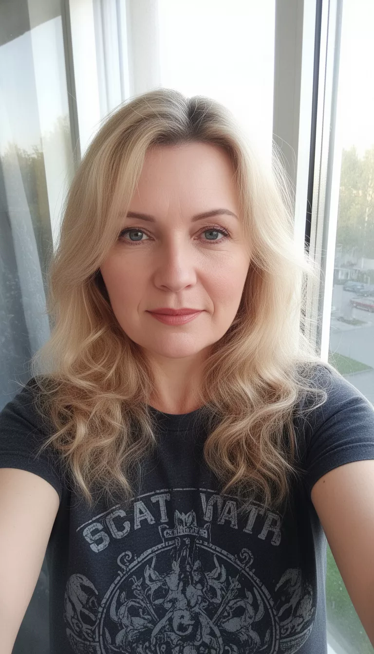 selfie of a 42-year-old woman wearing a dark graphic top with a medium-length wavy blonde colored long hairstyle, front camera view near a window.