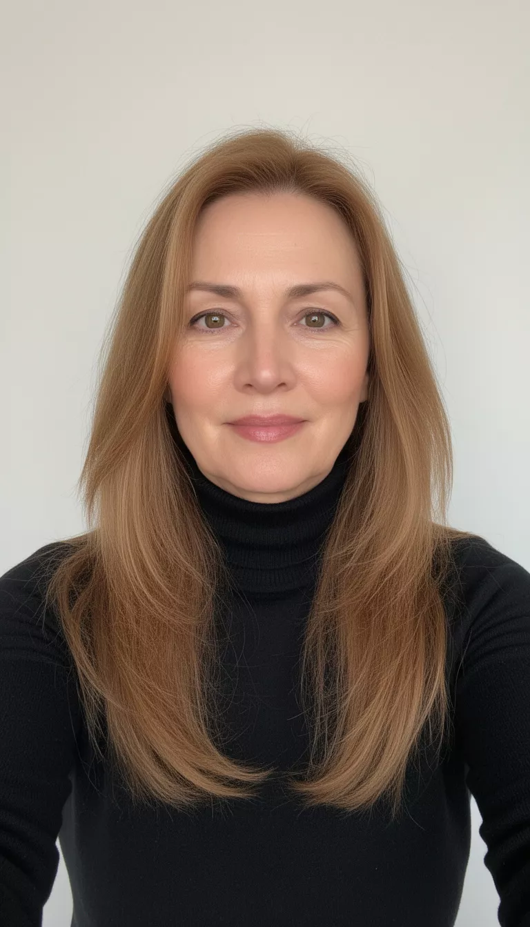 selfie of a 49-year-old woman wearing a black turtleneck with a toasted almond brown colored long hairstyle, front view, minimal background