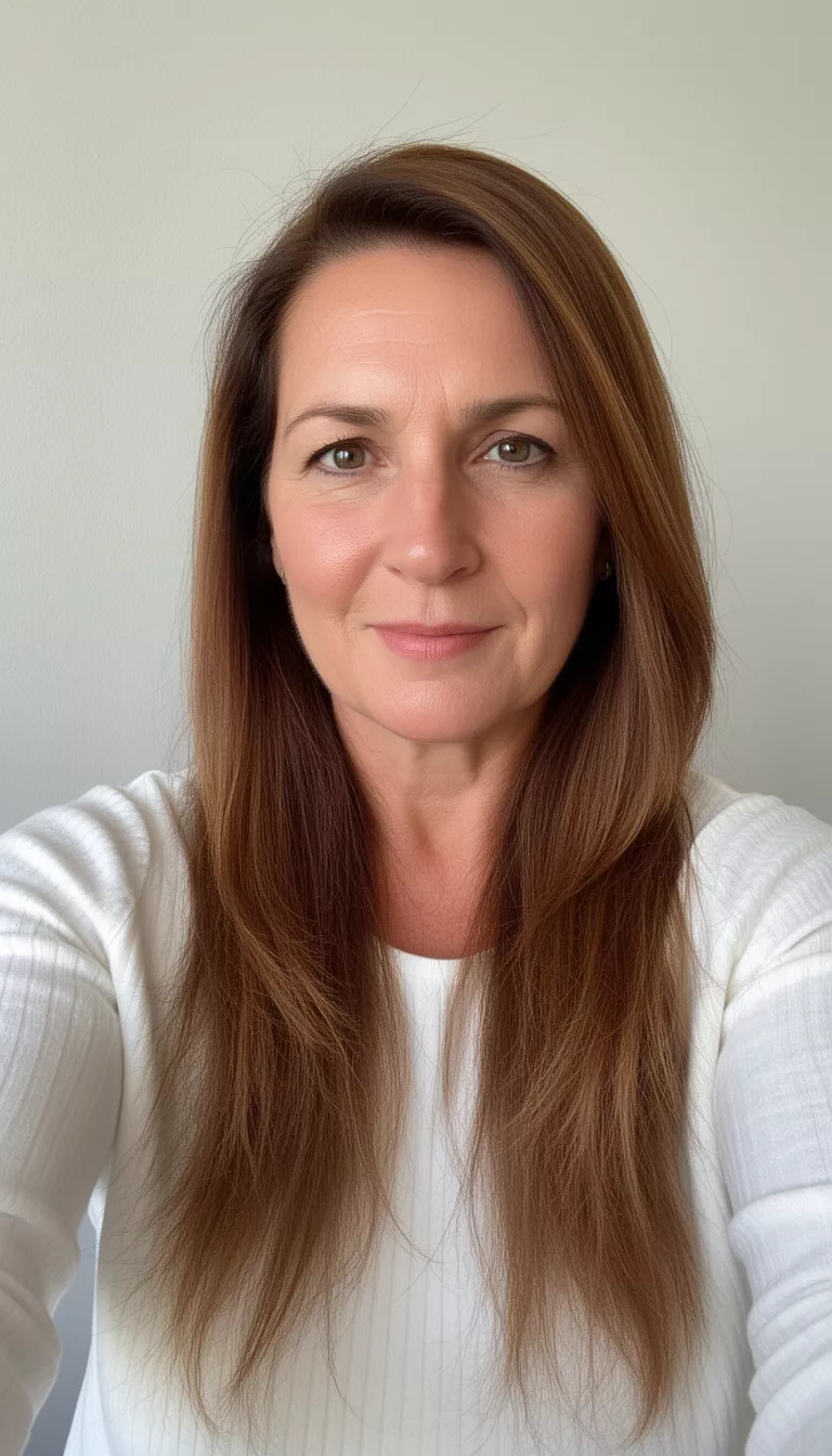 selfie of a 45-year-old woman wearing a white top with a toffee brown colored long hairstyle, front view, minimal background