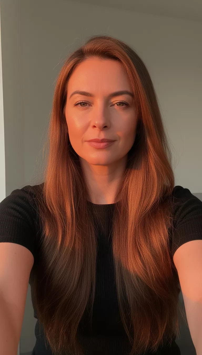 selfie of a 37-year-old woman wearing a black top with a golden hour brown colored long hairstyle, front view, minimal background