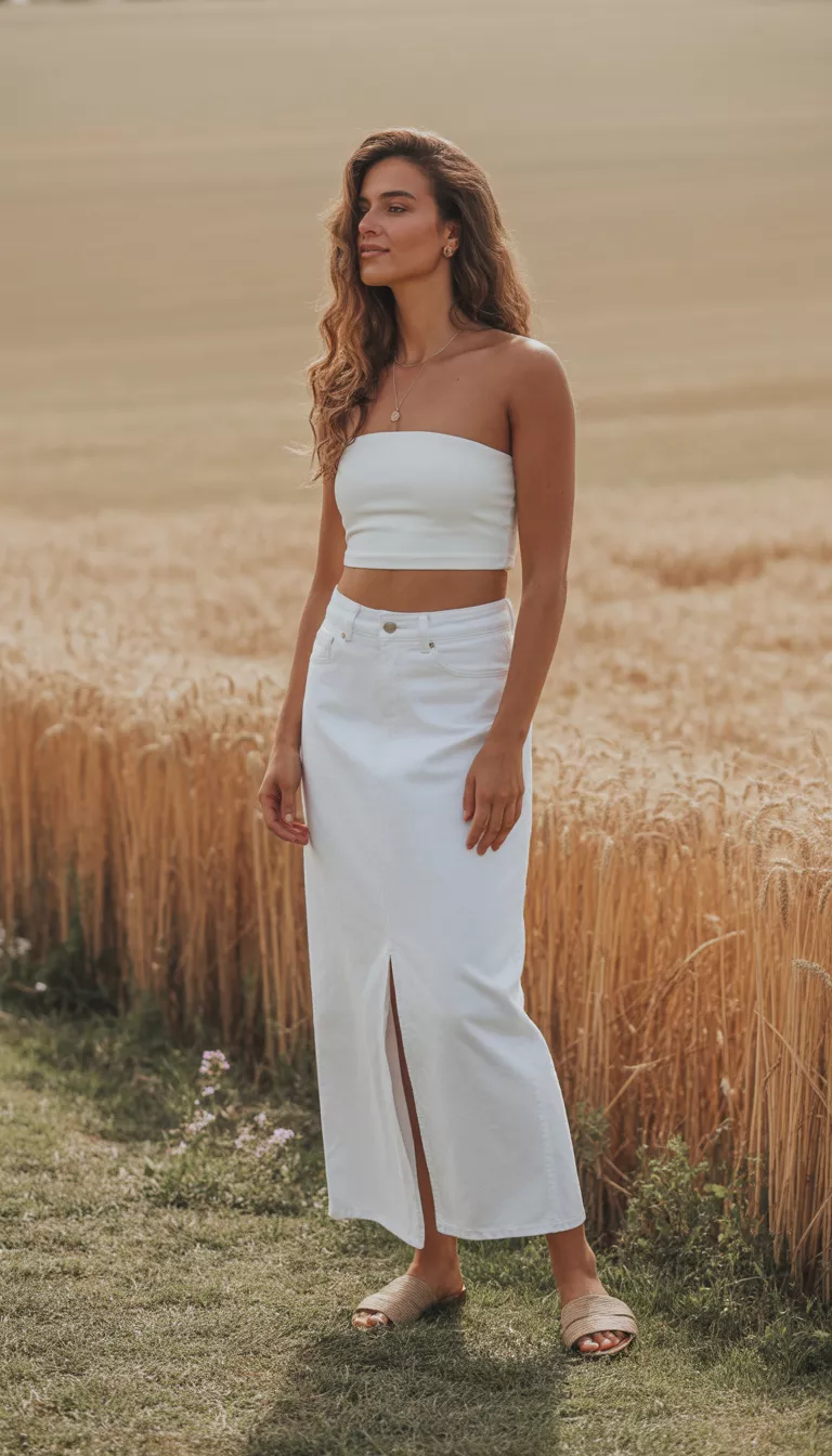 A beautiful woman in a white strapless crop top, a long white denim maxi skirt with a slit, and brown slide sandals, she stands outdoors.