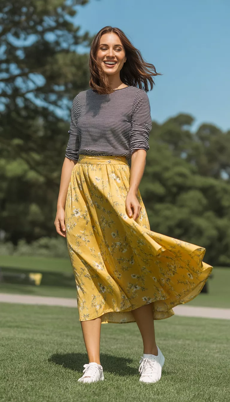 A beautiful woman in a black and white striped top and a vibrant yellow floral midi skirt with white sneakers, she stands outdoors.
