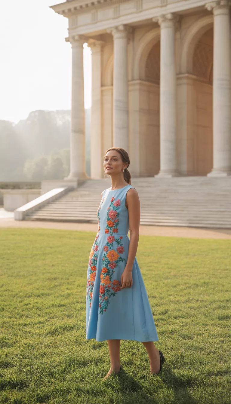 A beautiful woman in a light blue sleeveless A-line midi dress with colorful floral embroidery, she stands on grass before a large marble structure.