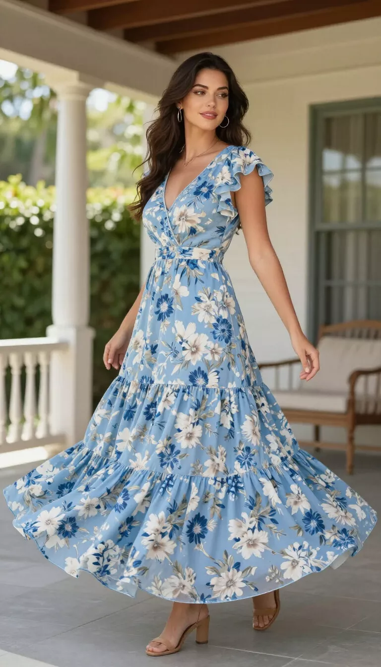 A beautiful woman in a flowing, tiered, blue-toned floral maxi dress with flutter sleeves, she twirls on a sunny porch.