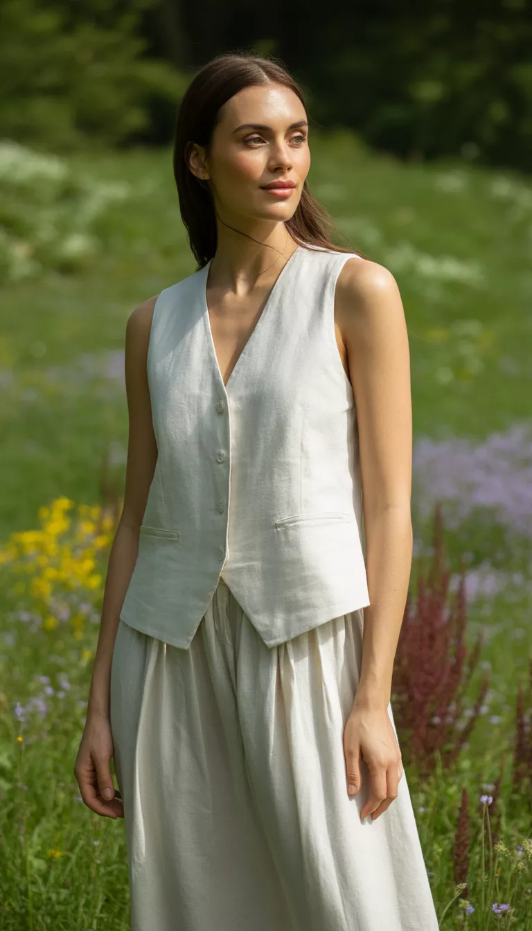 A beautiful woman in a white sleeveless vest top and a long white skirt, she stands in a grassy park with flowers.