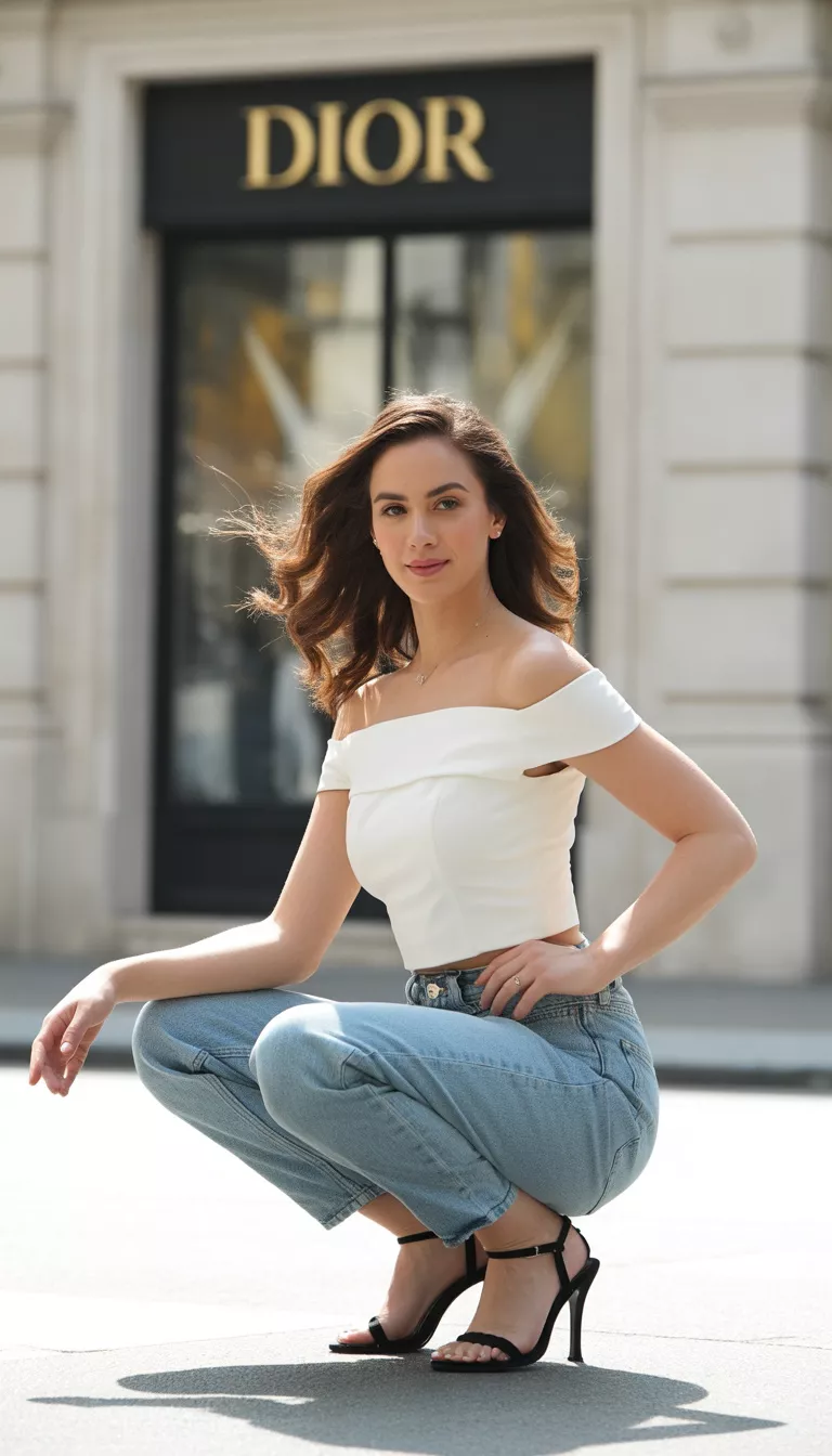 A beautiful woman in a white off-the-shoulder crop top, high-waisted light blue jeans, and black strappy high-heeled sandals, she poses in front of a Dior store.