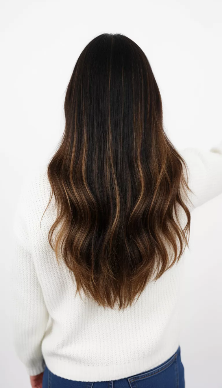selfie of a 37-year-old woman wearing a white sweater with a long dark brown with lighter brown highlights long hairstyle, back view, white background.