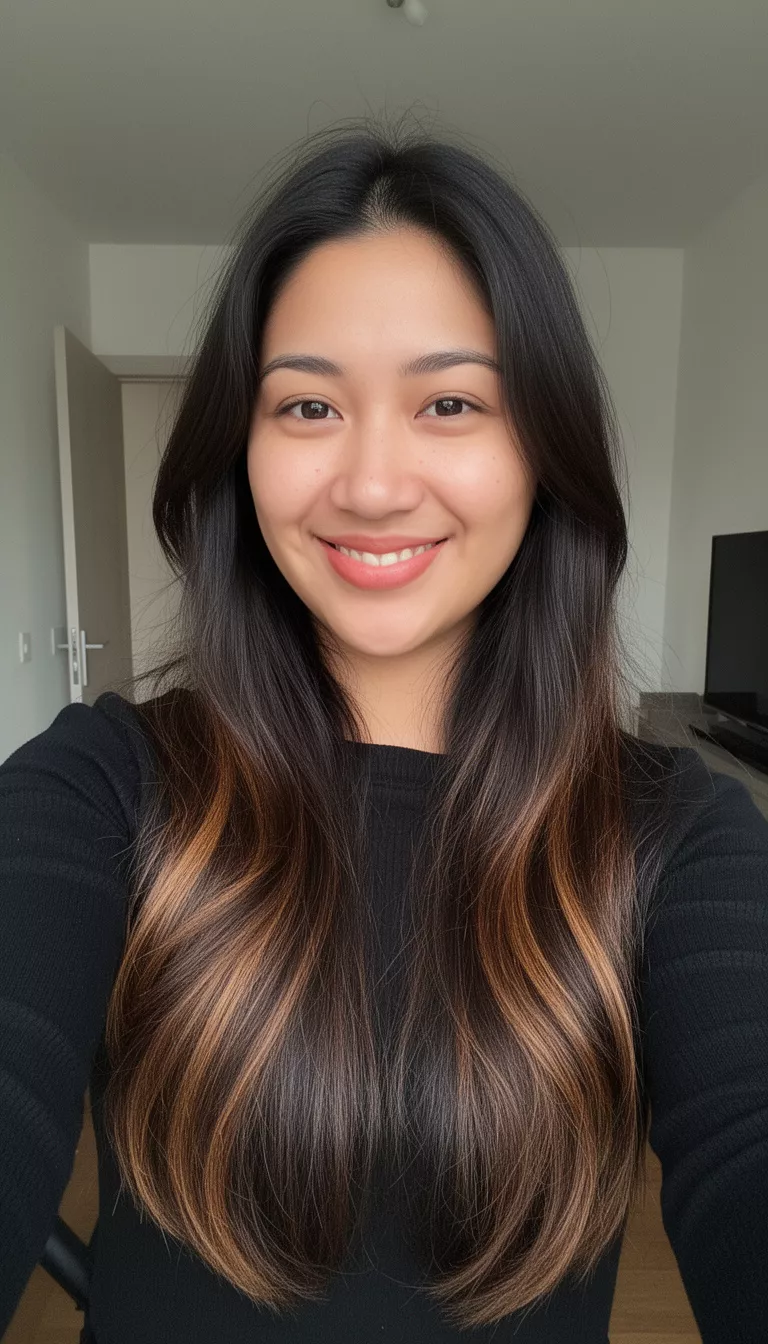 selfie of a 29-year-old woman wearing a black top with a long dark brown with subtle brown highlights long hairstyle, front view, indoor smiling.
