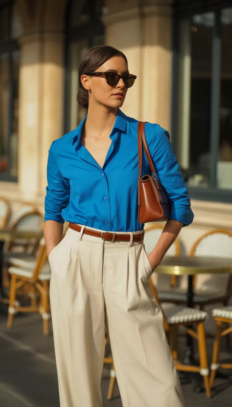 A realistic photo of a woman modeling a bright blue button-down shirt tucked into cream high-waisted wide-leg trousers, cinched with a brown belt, accessorized with sunglasses and a brown shoulder bag.
