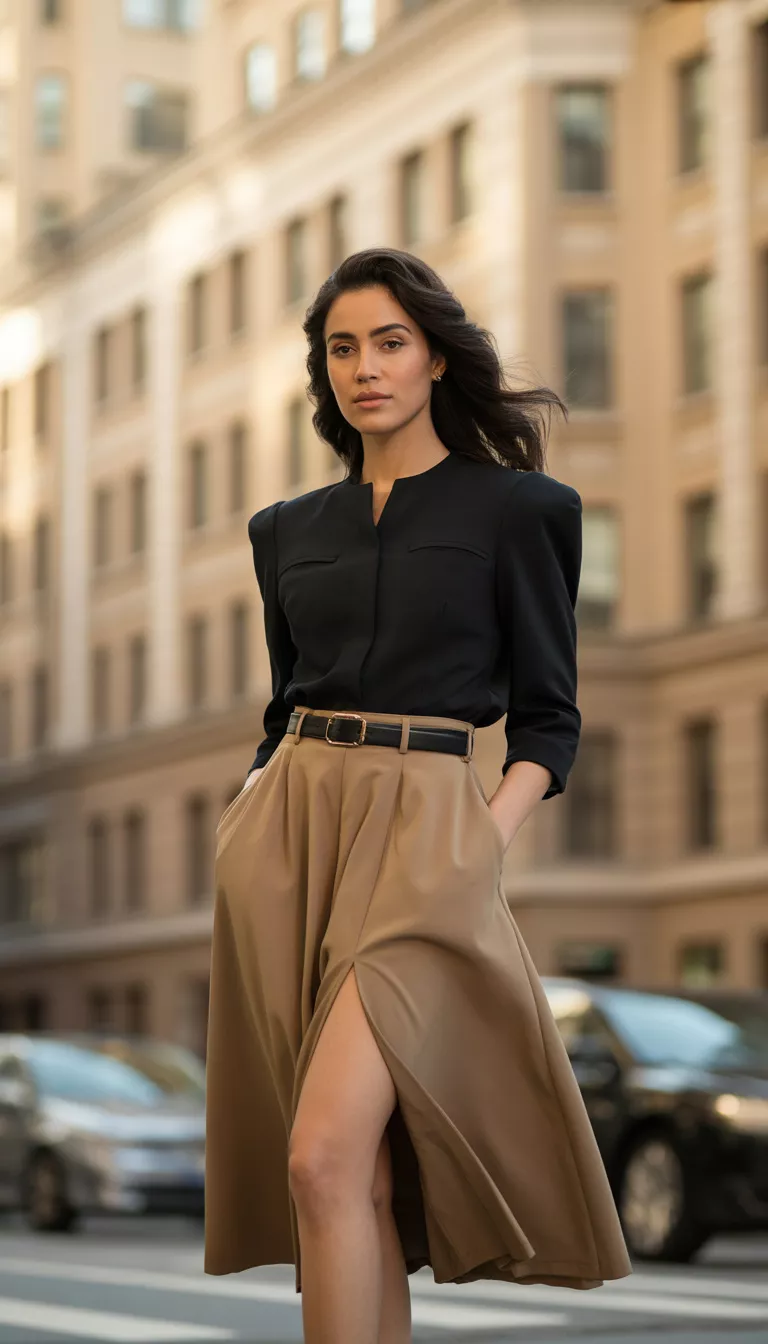 A realistic photo of a woman posing in a structured black top with padded shoulders, a tan A-line midi skirt with a high slit, a black belt, and black pointed heels.