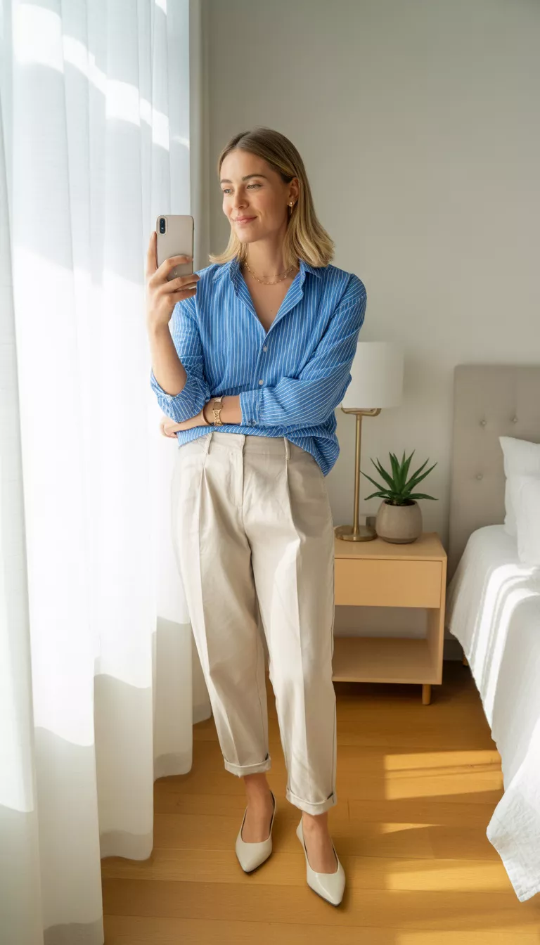 A realistic photo of a woman taking a mirror selfie in a blue and white striped button-down shirt tucked into light beige cuffed trousers, finished with white pointed flats.
