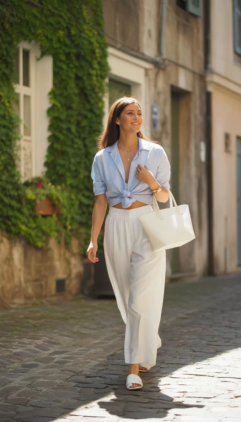 A realistic photo of a woman walking outdoors in a light blue partially unbuttoned shirt, high-waisted flowy white pants, white flat slide sandals, and a matching white leather handbag.