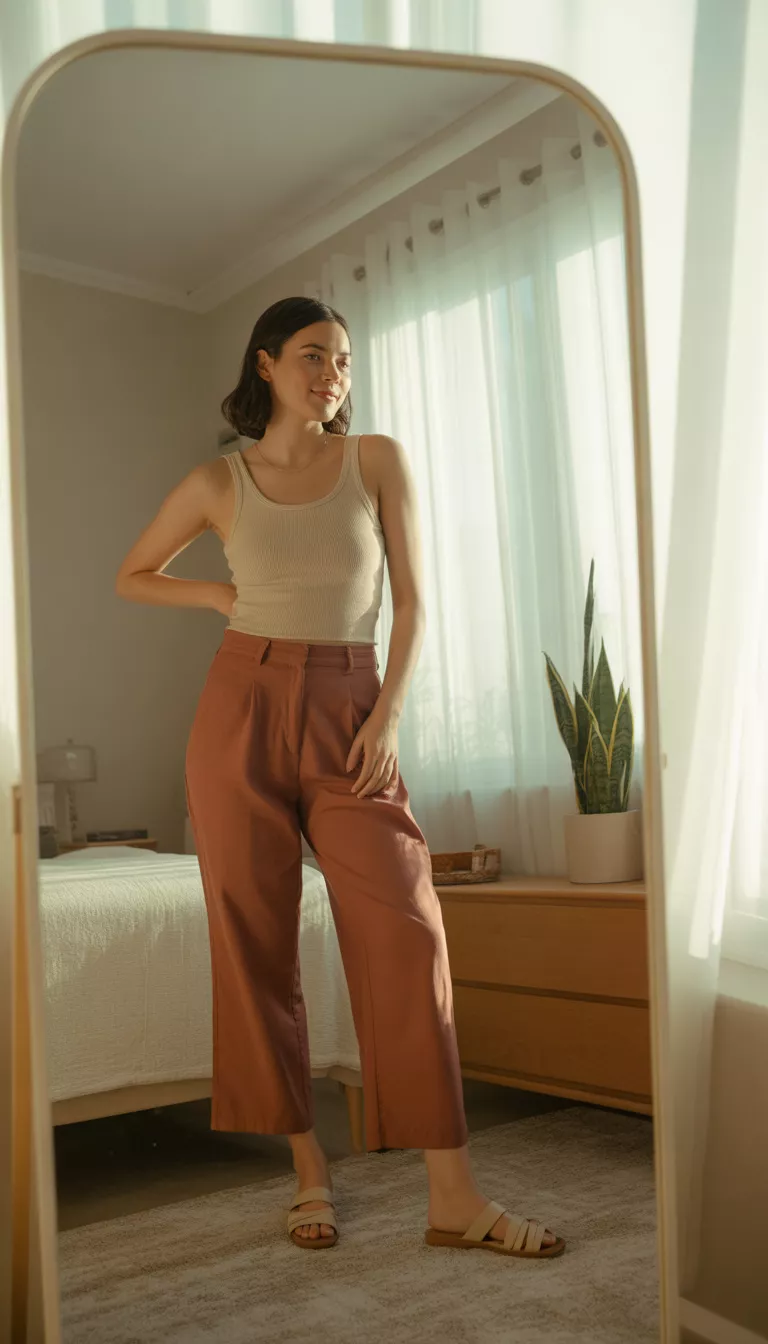 A realistic photo of a woman taking a mirror selfie in a ribbed beige tank top, high-waisted rust-colored cropped wide-leg trousers, and simple tan flat sandals.